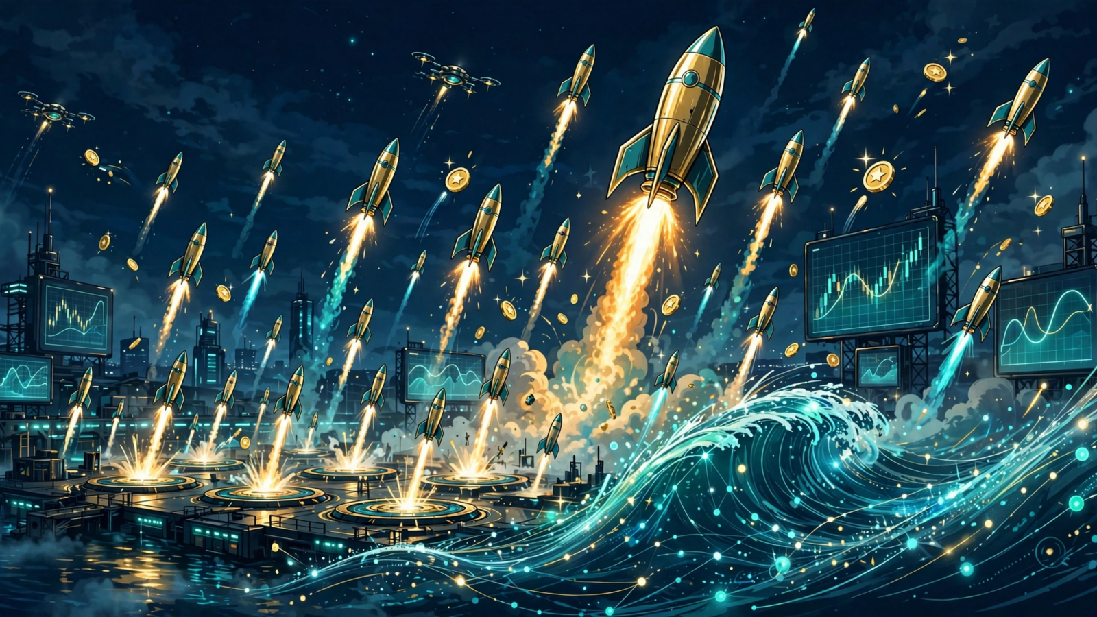 Many rockets launching from a launchpad at night, with one larger rocket rising above a wave of attention and trading charts.