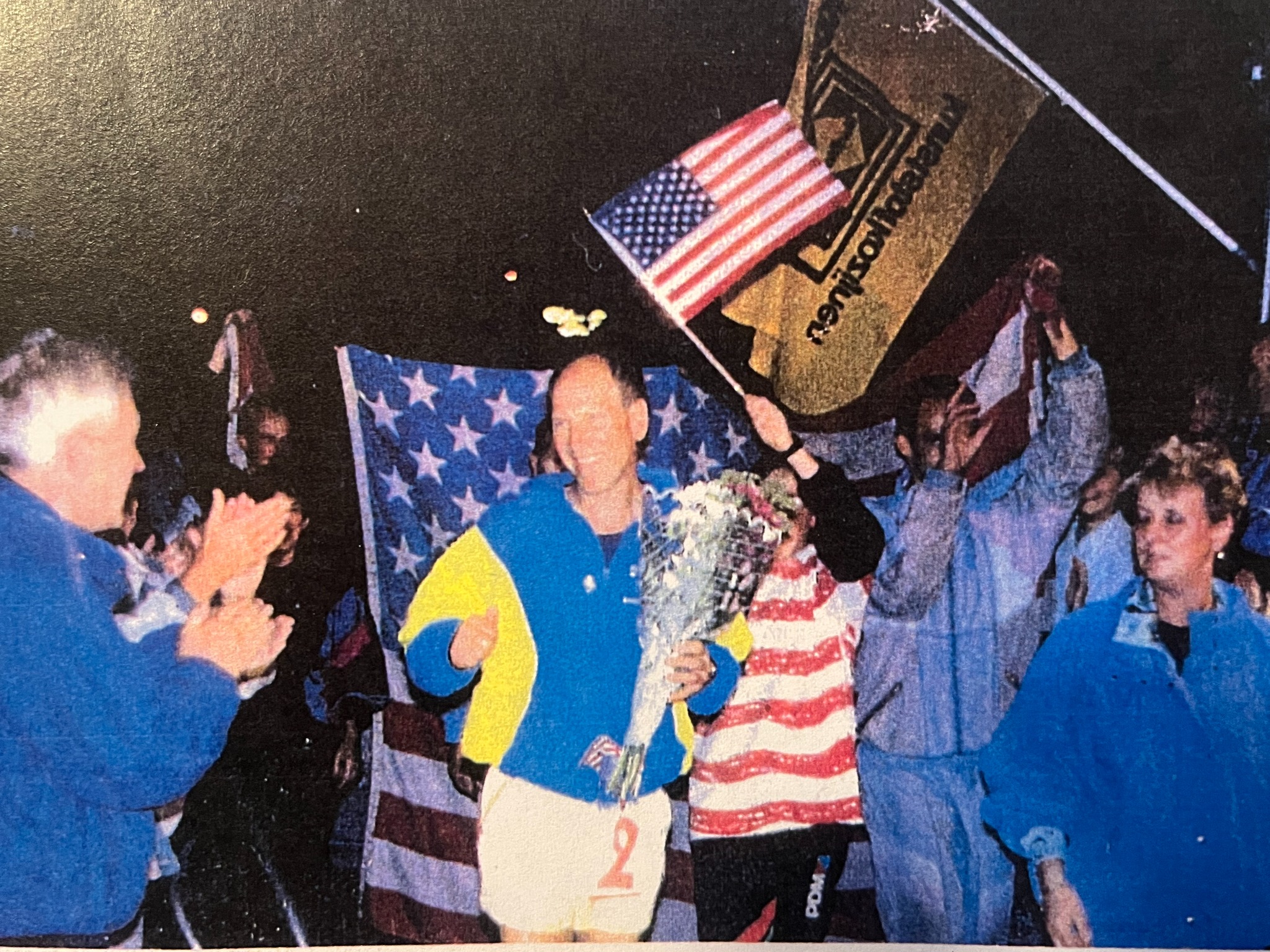 Ted at an endurance-event finish celebration — archival photograph supplied by Rich Benvin.